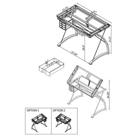 Melo - Glass Top DRAFting Table With Storage - Silver by CoasterEveryday | Bel Furniture