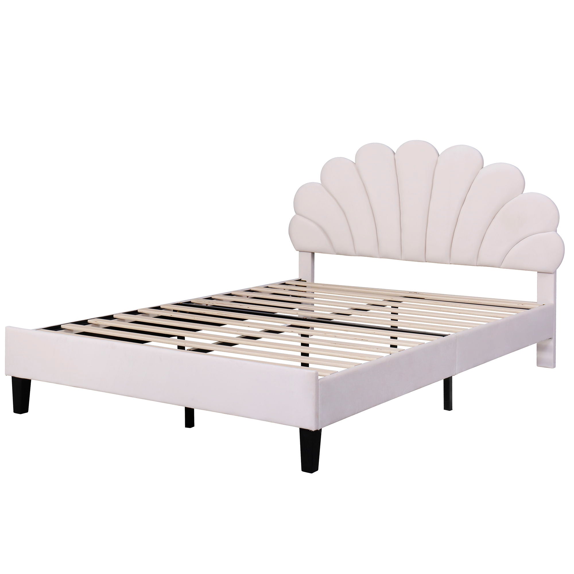 Upholstered Platform Bed With Flower Pattern Velvet Headboard