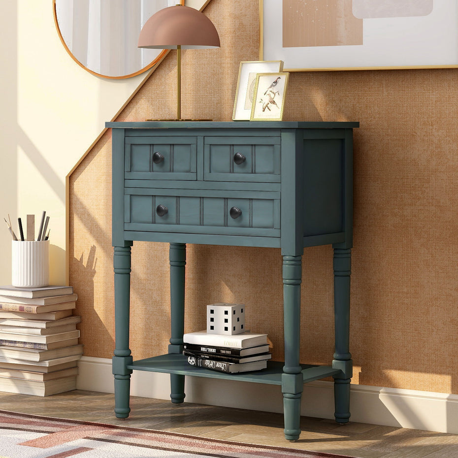 Narrow Console Table, Slim Sofa Table With Three Storage Drawers And Bottom Shelf