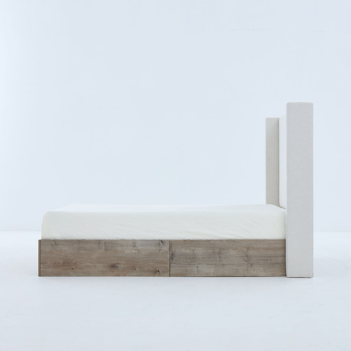 Shelton - Queen Upholstered Wingback Bed With 54" High Headboard - Ivory / Light Gray / Camel Oak