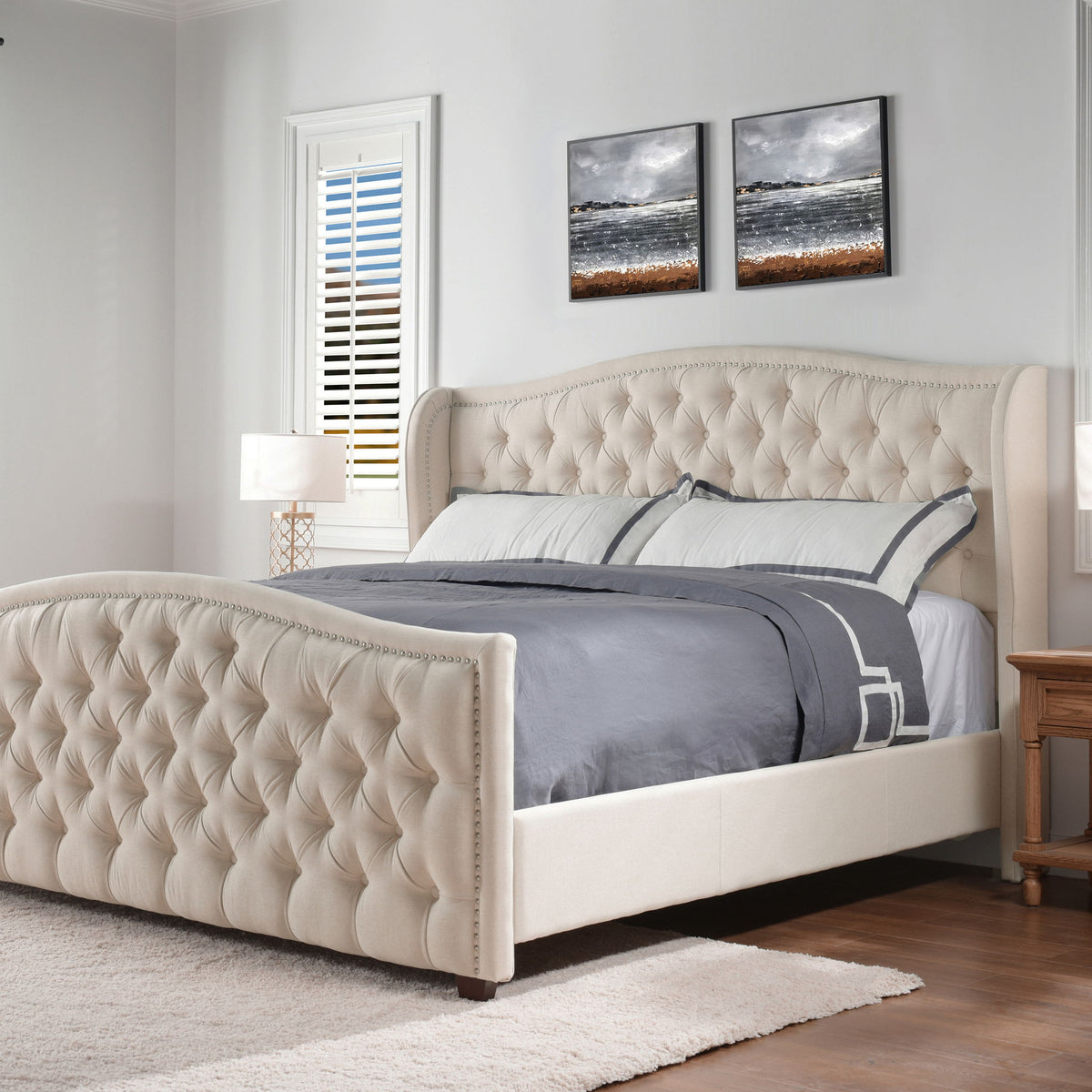 Marcella - King Upholstered Shelter Headboard Bed - Beige