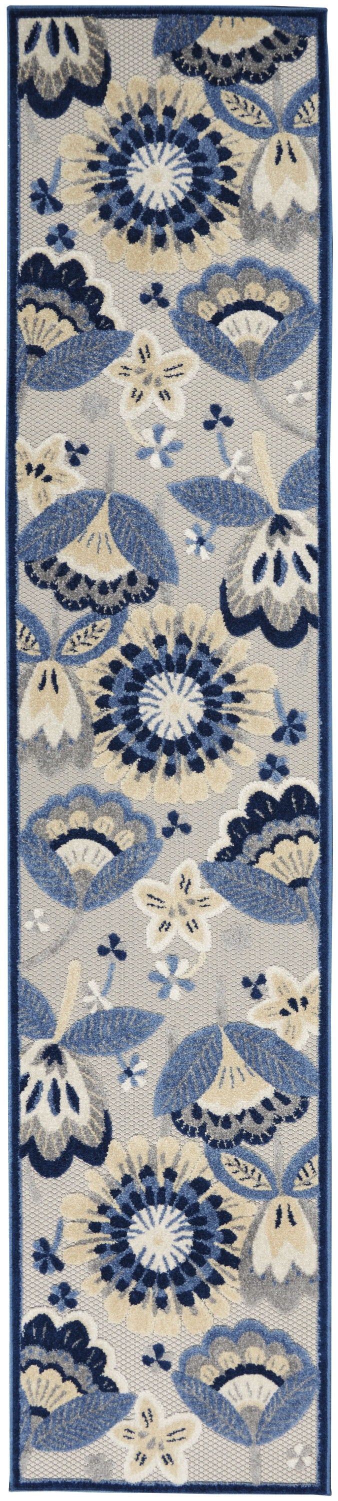 2' X 12' Floral Non Skid Outdoor / Indoor Runner Rug - Blue / Gray