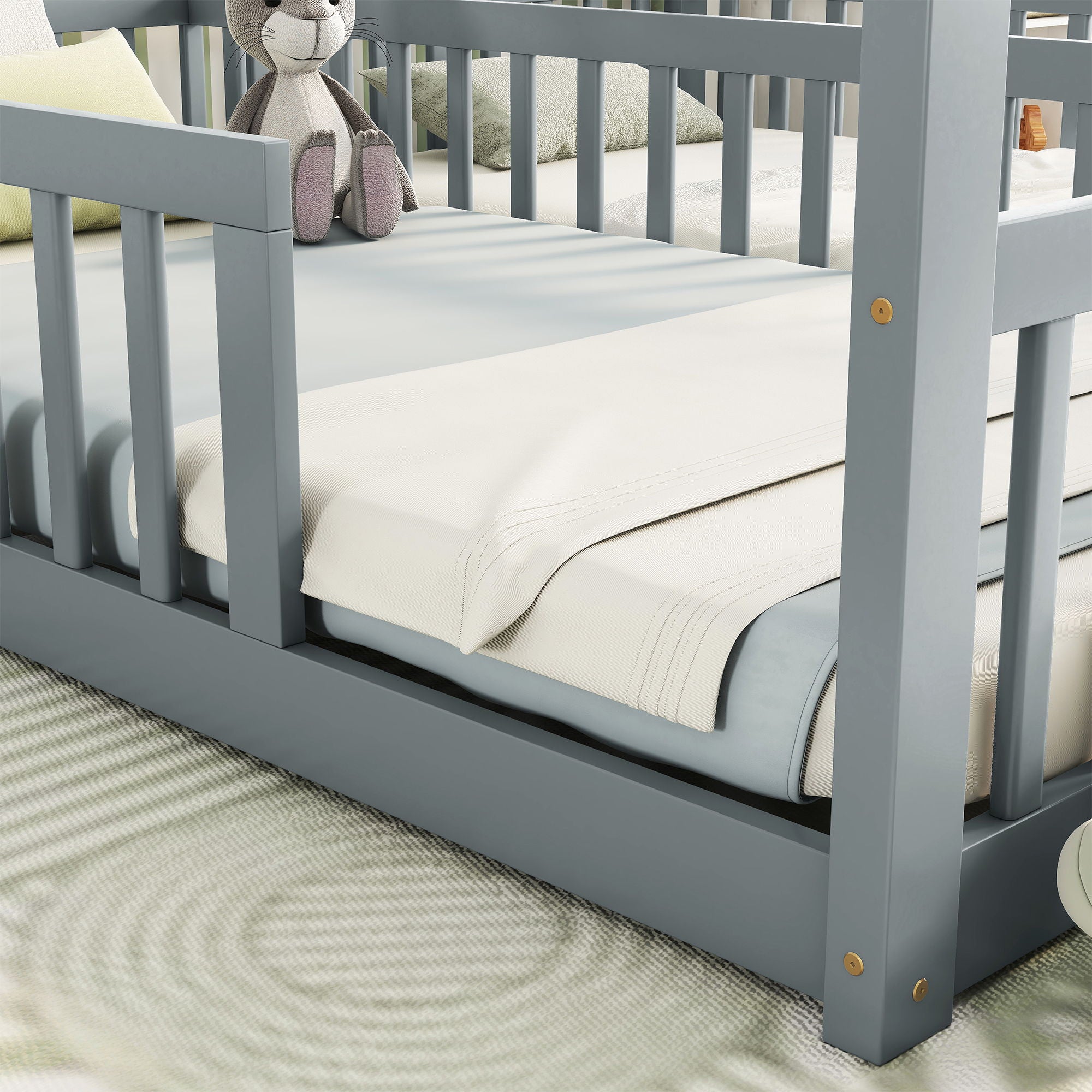 Double Twin House-Style Floor Bed With Fence, Guardrails, Without Door