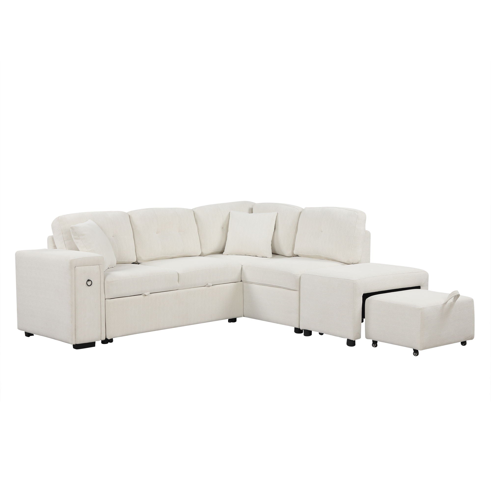 Sectional Sofa L-Shaped Sofa Couch Pull-Out Sofa Bed With A Movable Ottoman, Two USB Ports And Two Cup Holders For Living Room