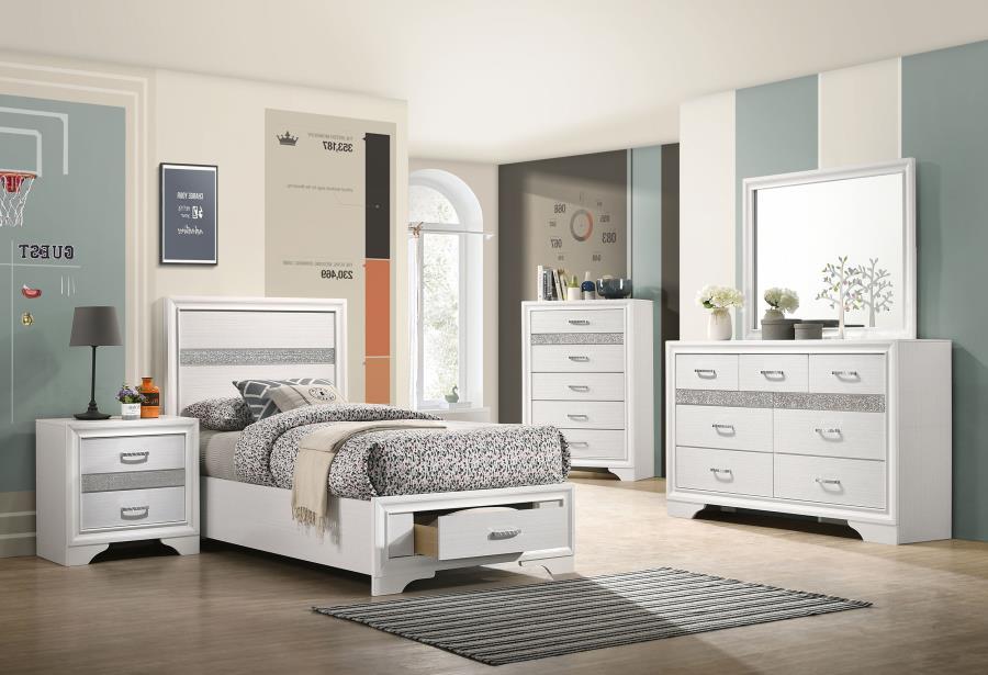 Miranda - Storage Bedroom Set White 5 Pc. Bed, Nightstand, Dresser, Mirror, Chest Twin by CoasterEveryday | Bel Furniture