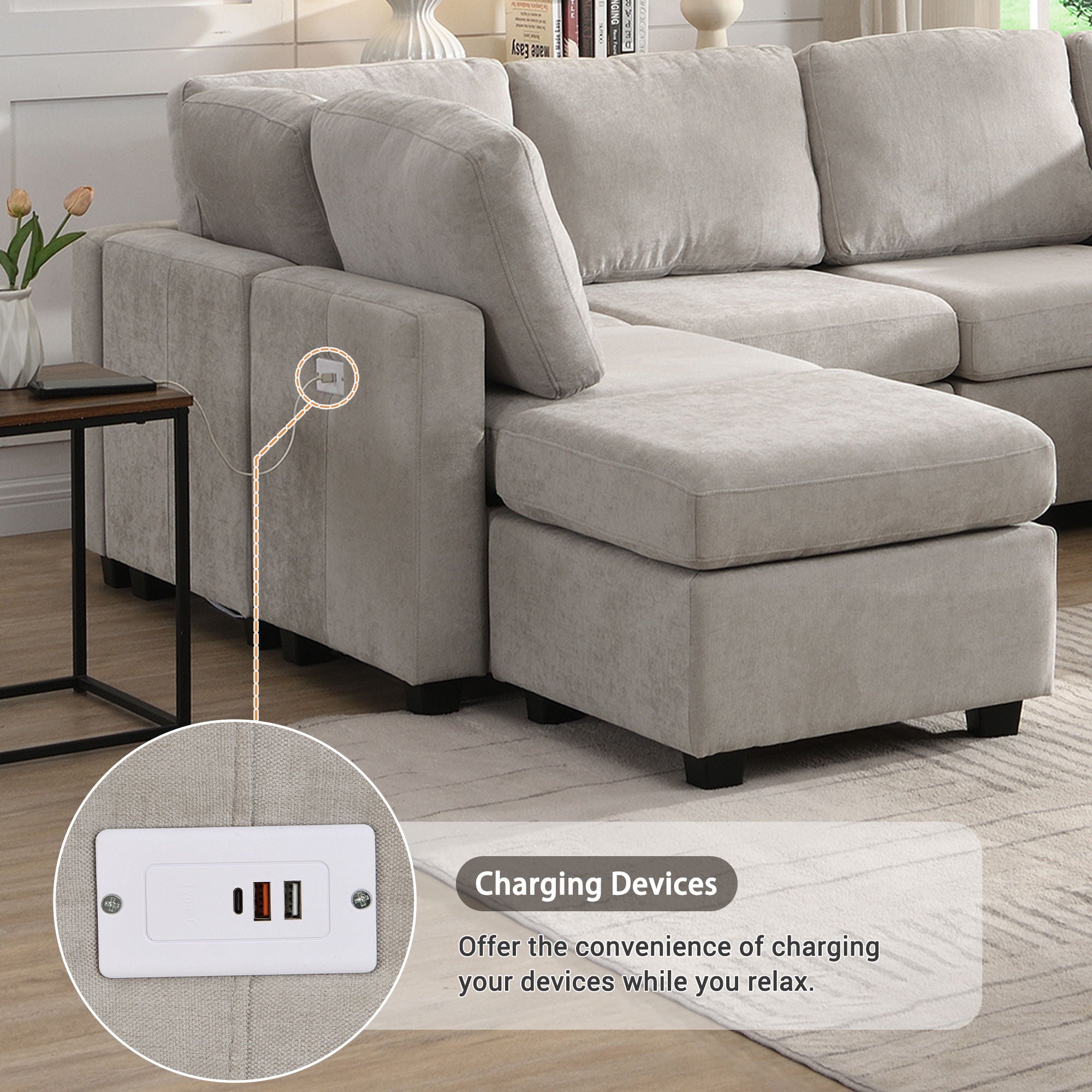 Sectional Sofa Couch Sofa Bed U-Shaped Sofa With Two Movable Ottoman And Three USB Ports For Living Room