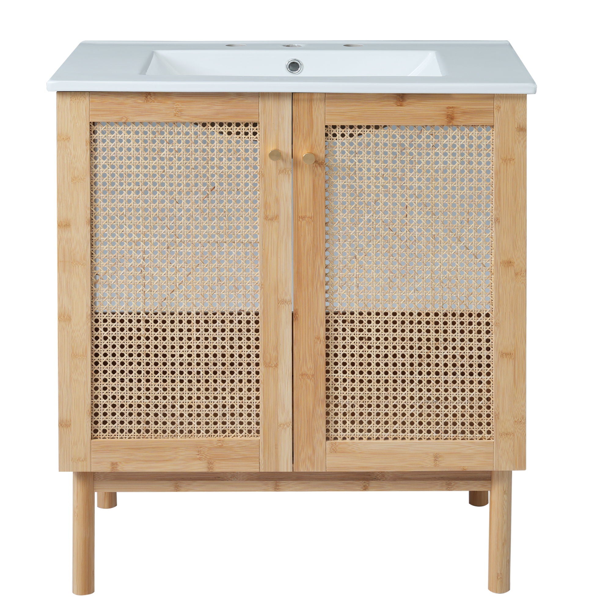 Bathroom Vanity Crafted From Natural Materials, Featuring Handmade Rattan Doors And Soft-Closing Mechanisms - Light Brown