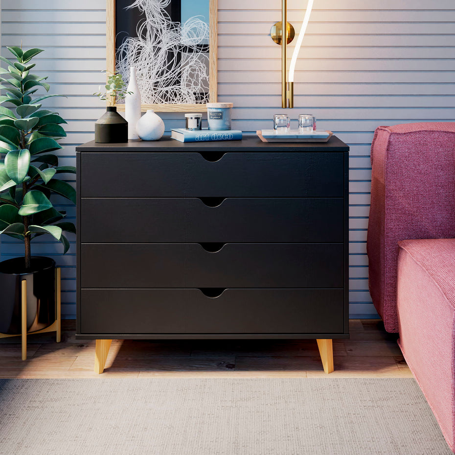 Solid Wood Four Drawer Dresser - Black