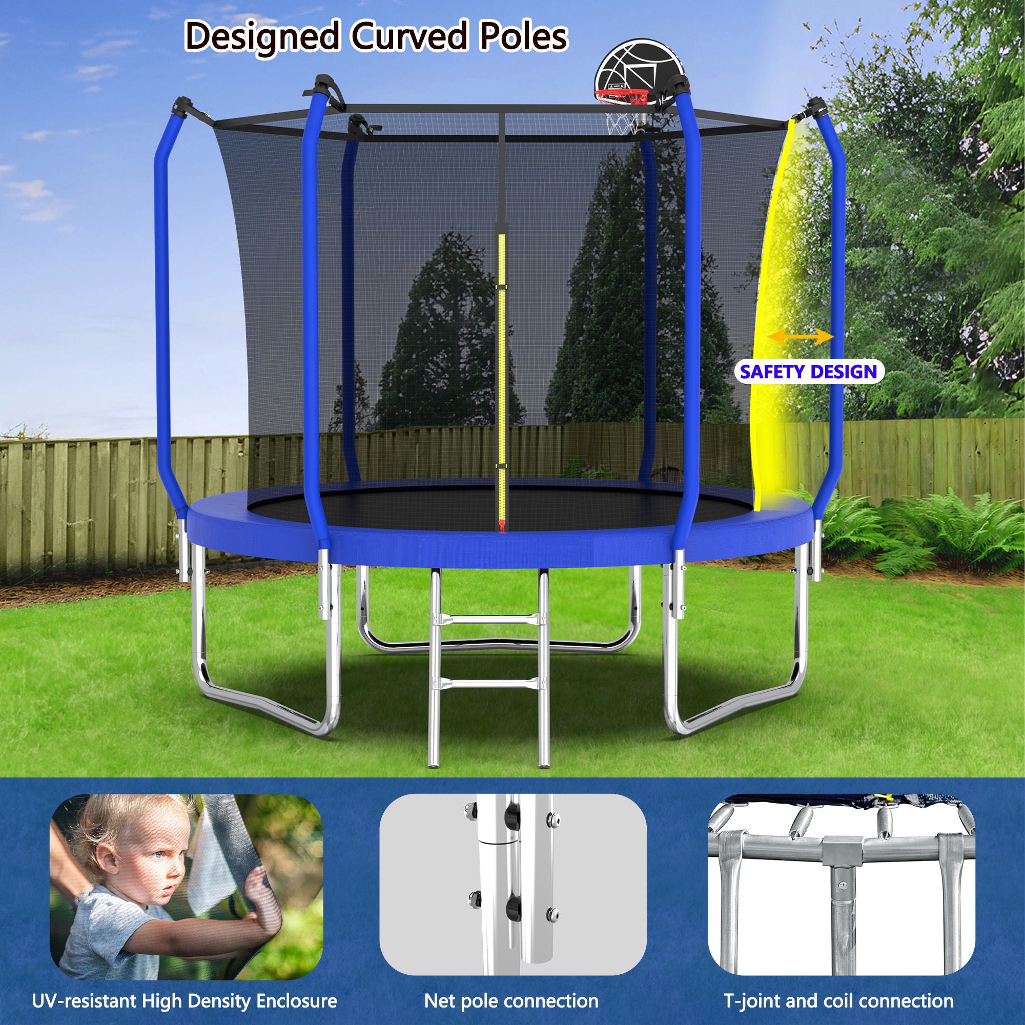 Trampoline With Basketball Hoop, Astm Approved Reinforced Type Outdoor Trampoline With Enclosure Net