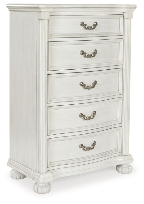 Montelaine - Antique White - Five Drawer Chest by Benchcraft® | Bel Furniture