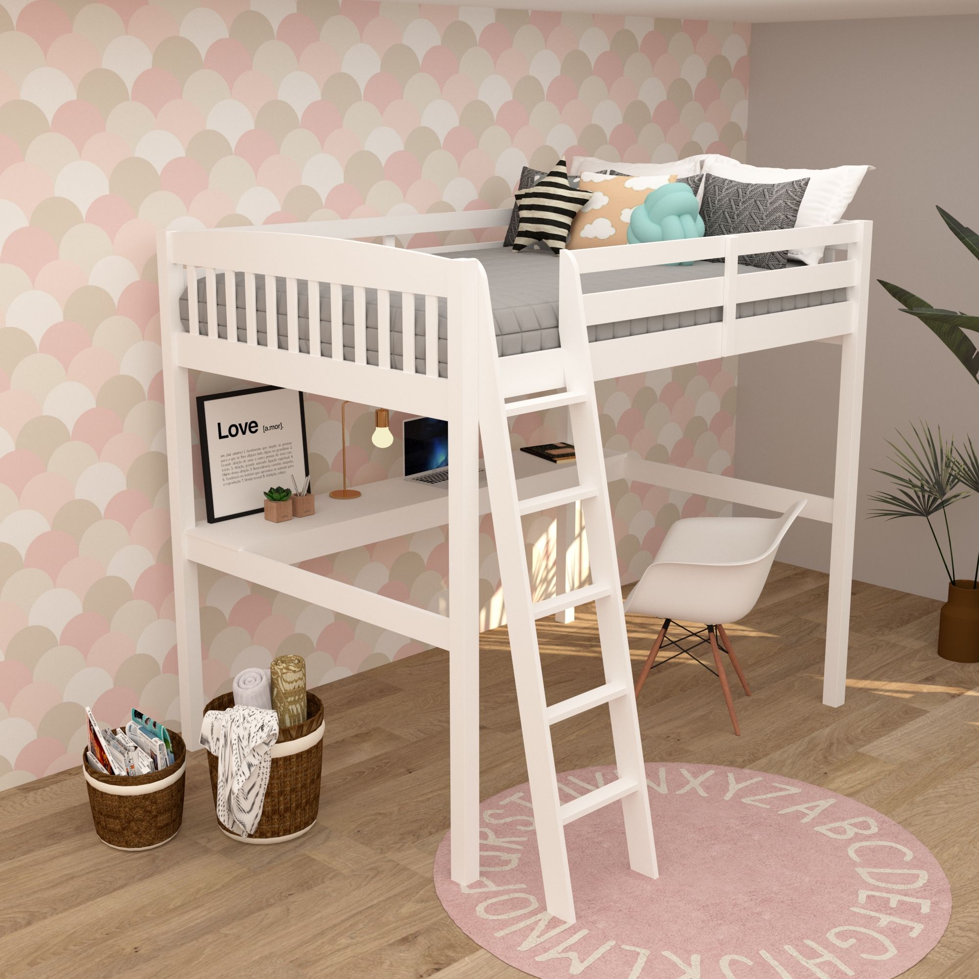 Solid Wood Full Double Size Loft Bed with Desk and Storage - White