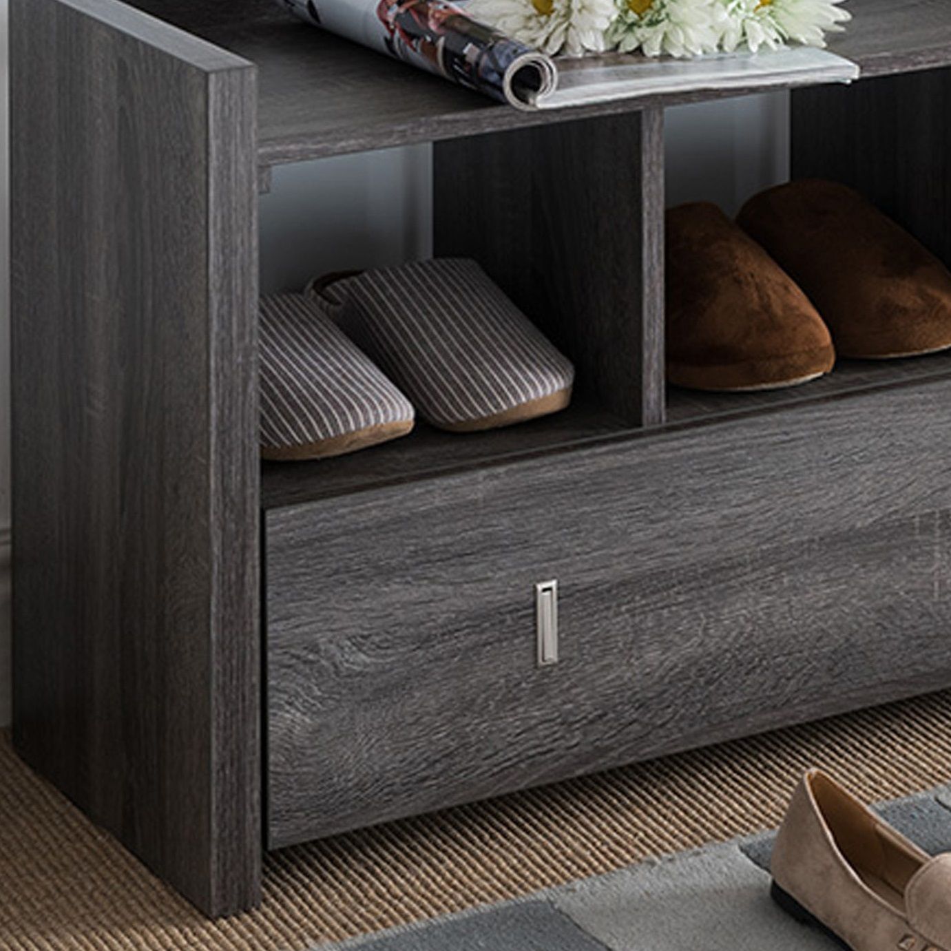 Shoe Entry Bench With Three Shelves, One Drawer With Divided Compartment