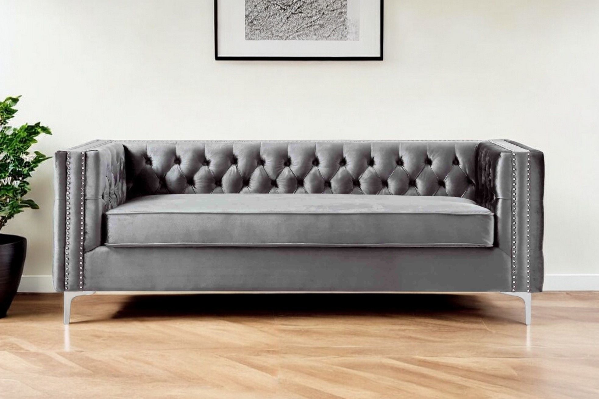 Velvet Sofa With Silver Legs - Gray