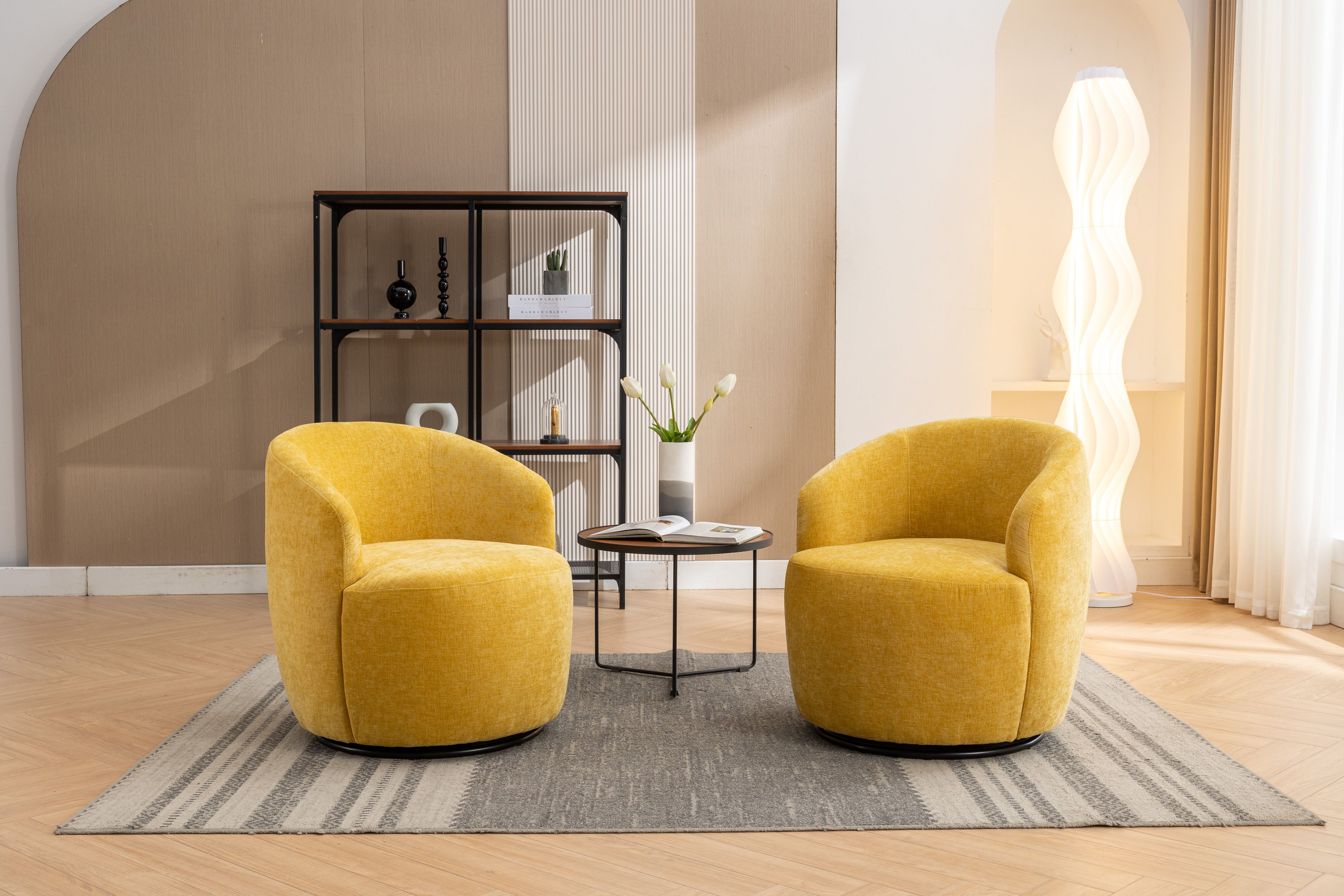 Chenille Fabric Swivel Accent Armchair Barrel Chair With Powder Coating Metal Ring