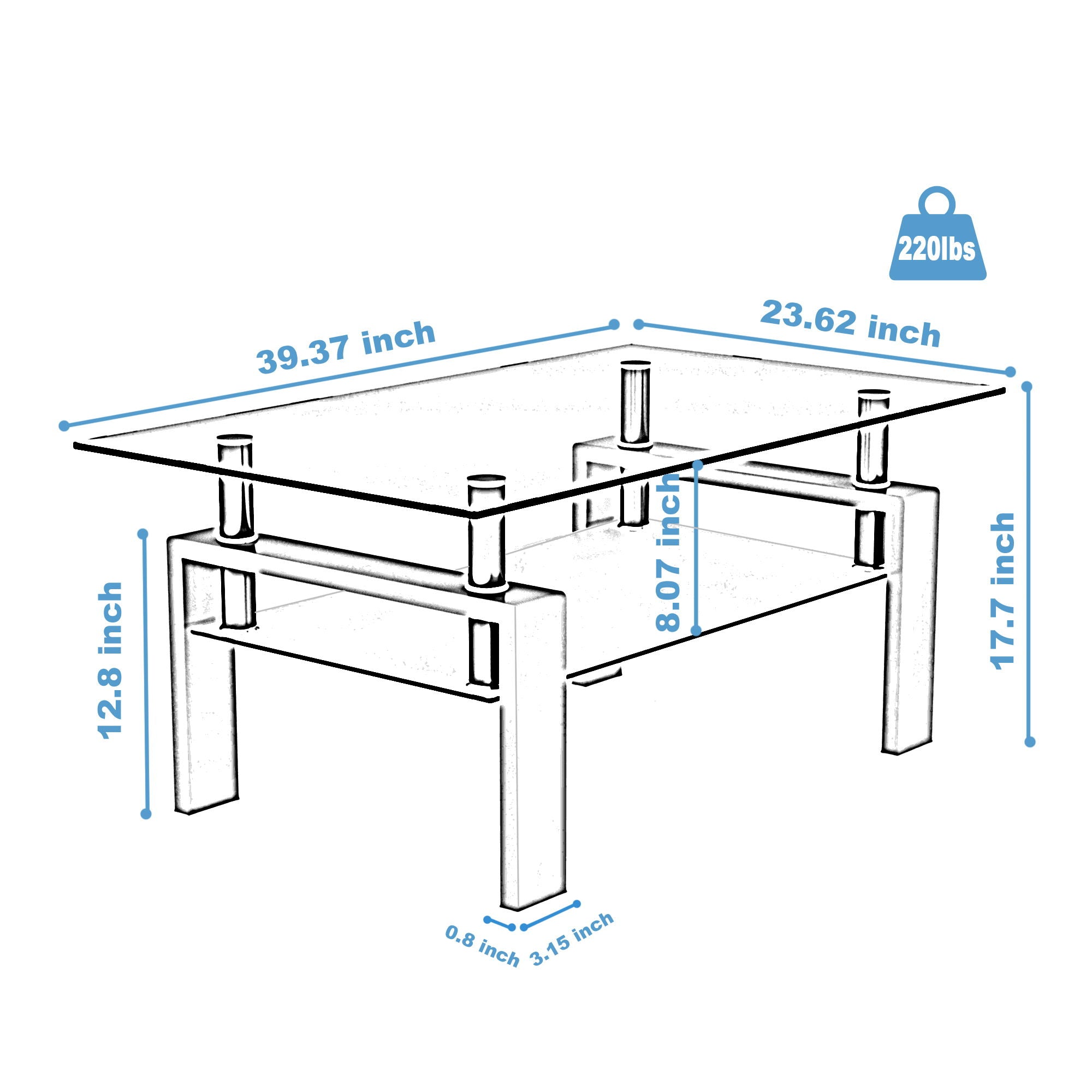 Rectangle Coffee Table, Modern Side Center Tables For Furniture - Clear / Black