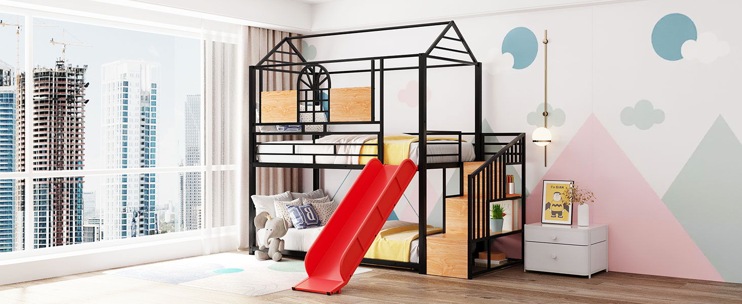 Metal Bunk Bed, Metal Housebed With Slide And Storage Stair