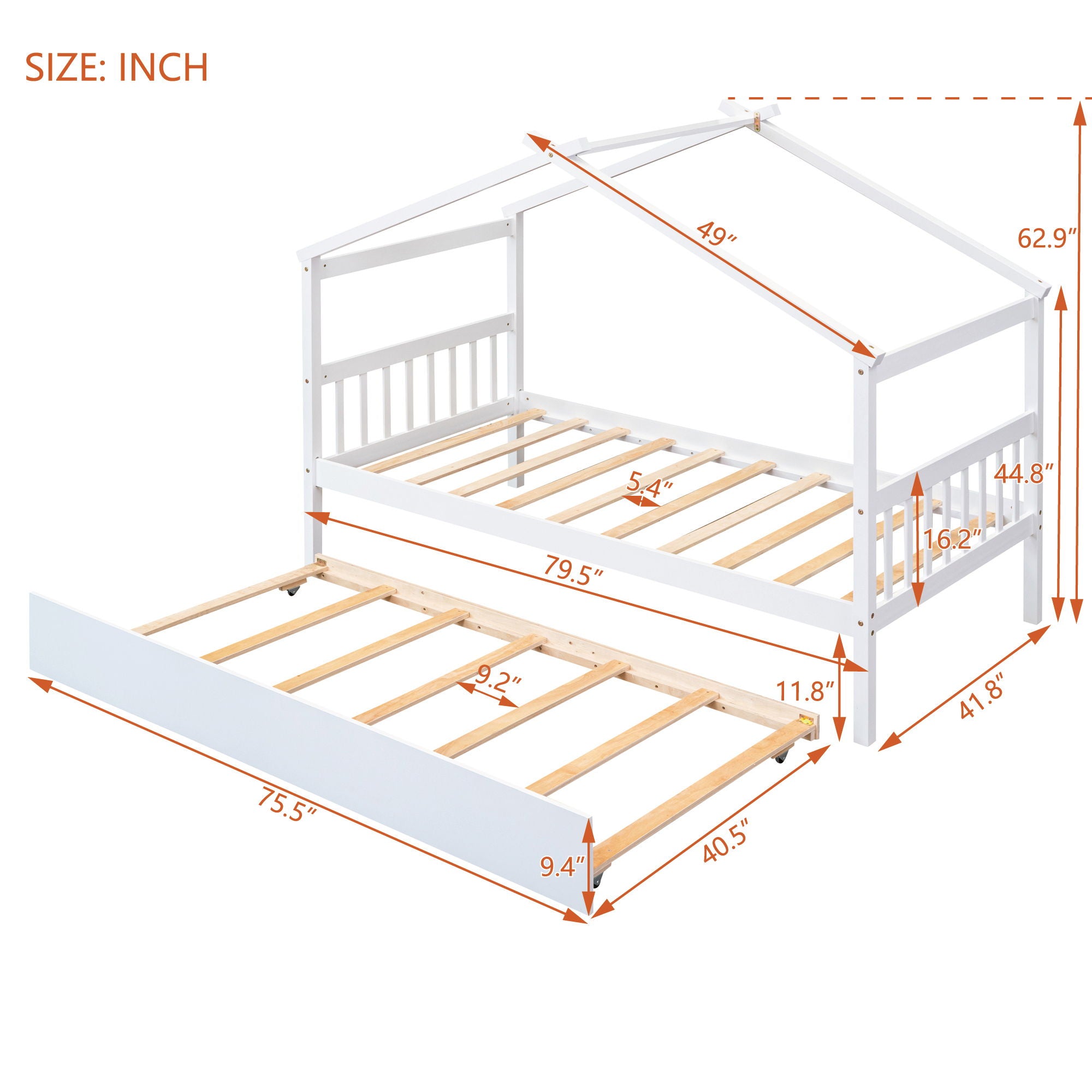 Wooden House Bed With Twin Size Trundle