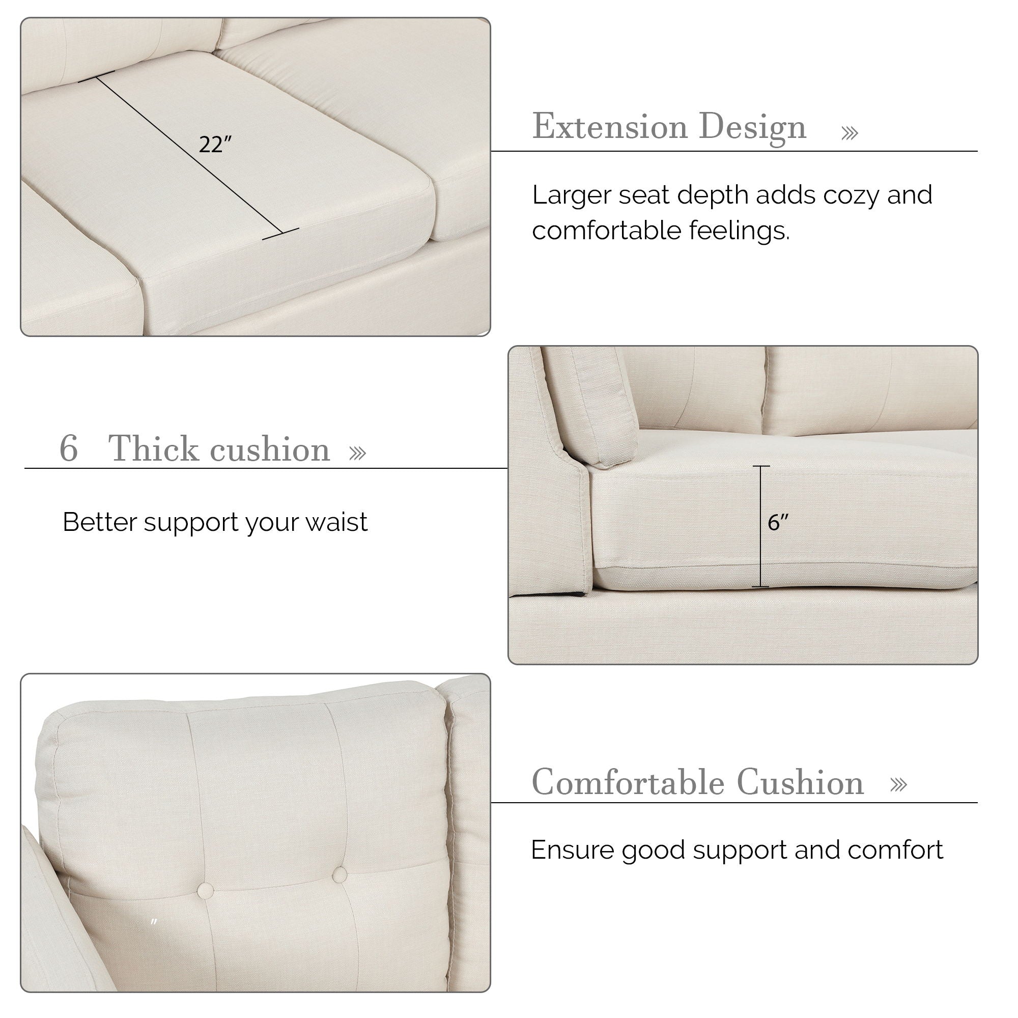 Modern Linen Fabric Sofa, L-Shape Couch With Chaise Lounge, Sectional Sofa With One Lumbar Pad