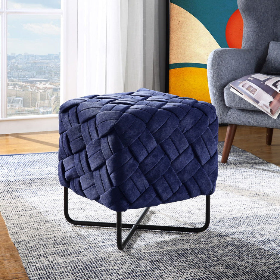 Velvet Cube Ottoman - Navy Blue / Black