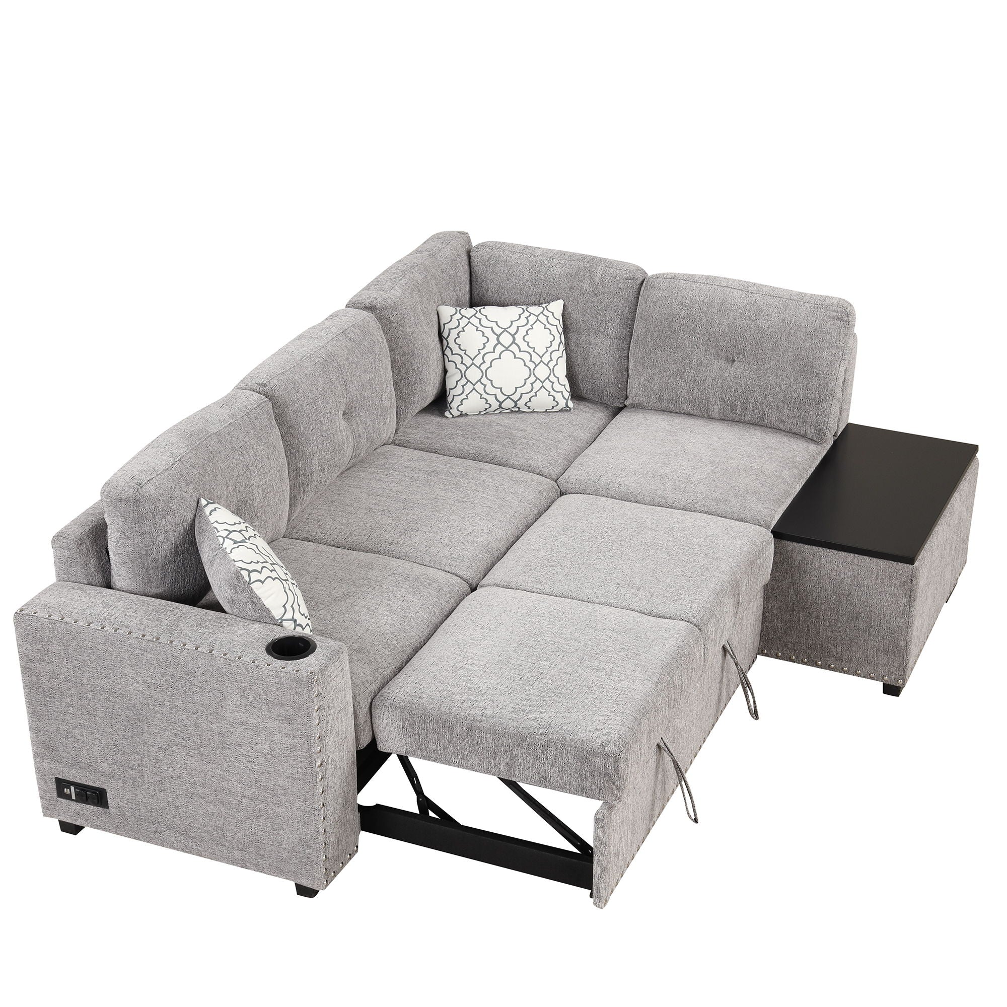 Sectional Pull-Out Sofa Bed L-Shaped Corner Sofa Couch With Storage Chaise, USB Ports, Power Sockets, Cup Holder For Living Room, Bedroom, Study