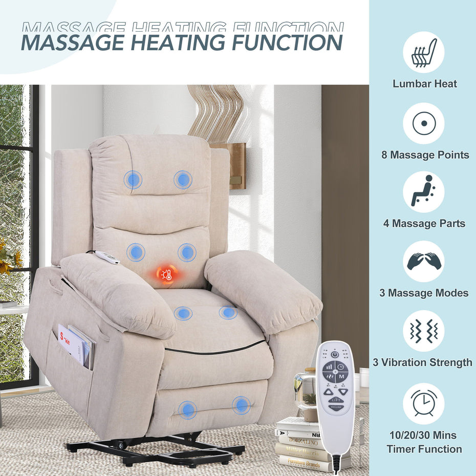 Massage Recliner, Power Lift Chair With Adjustable Massage And Heating Function, Recliner Chair With Infinite Position And Side Pocket For Living Room