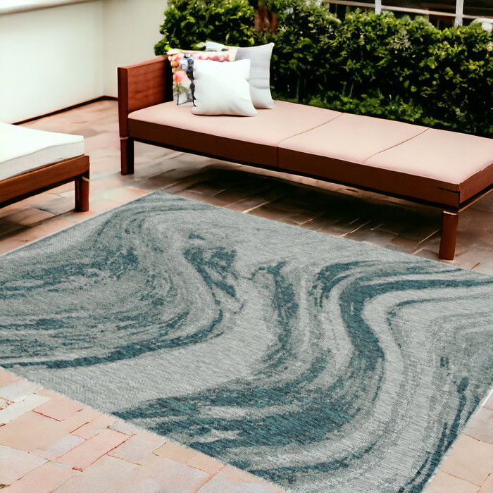 8' X 11' Machine Woven UV Treated Abstract Waves Indoor / Outdoor Area Rug - Gray Teal