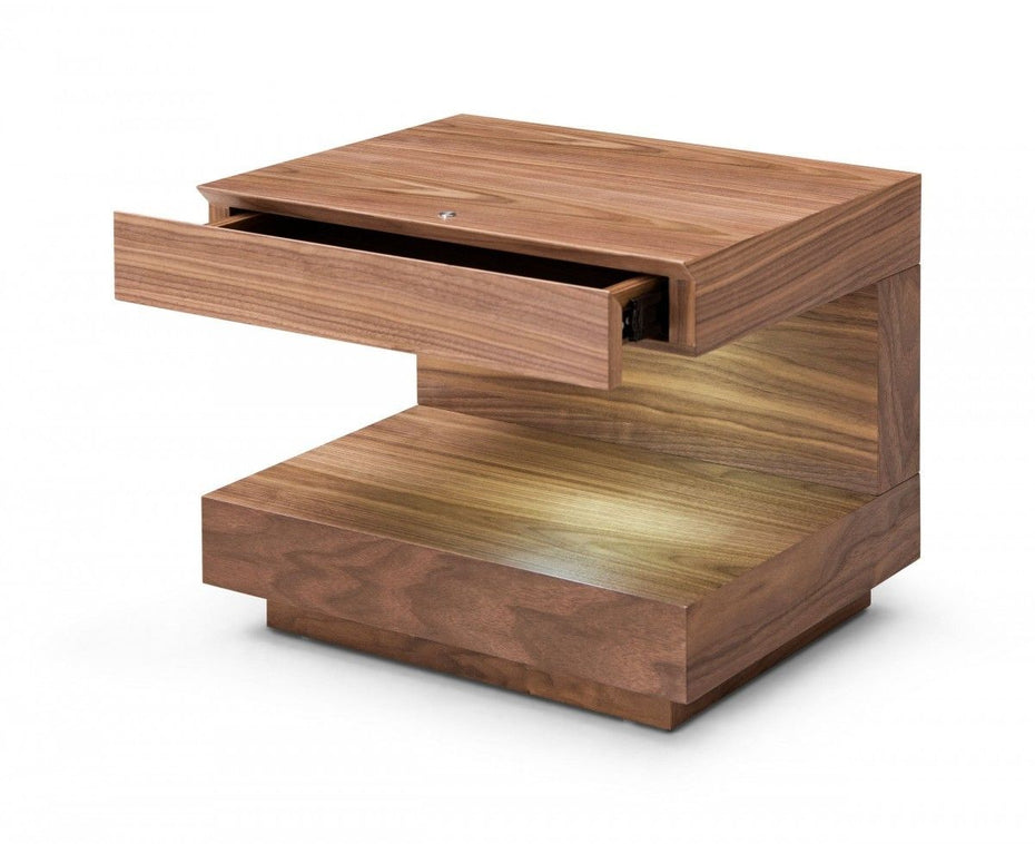 Contemporary Led Lit Walnut Nightstand With One Drawer - Light Brown