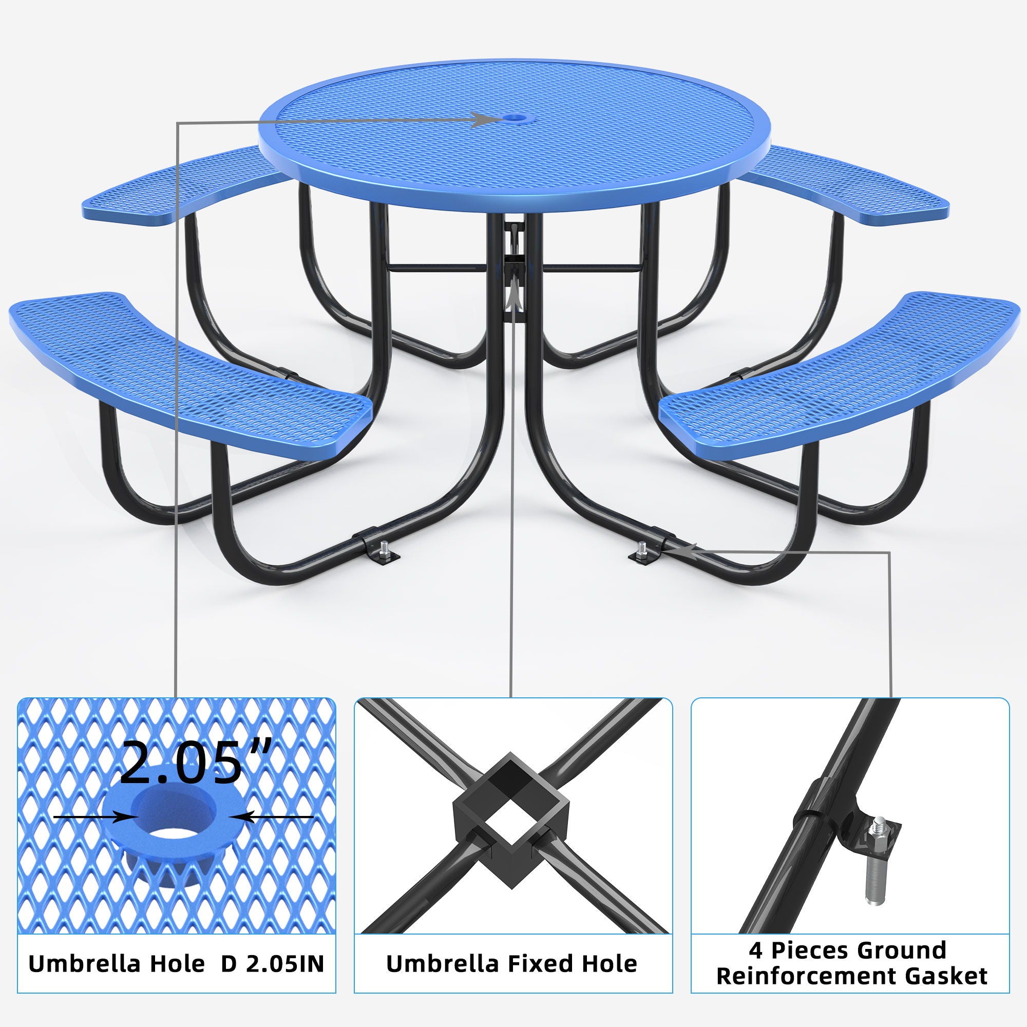 Round Outdoor Steel Picnic Table 46" With Umbrella Pole - Black