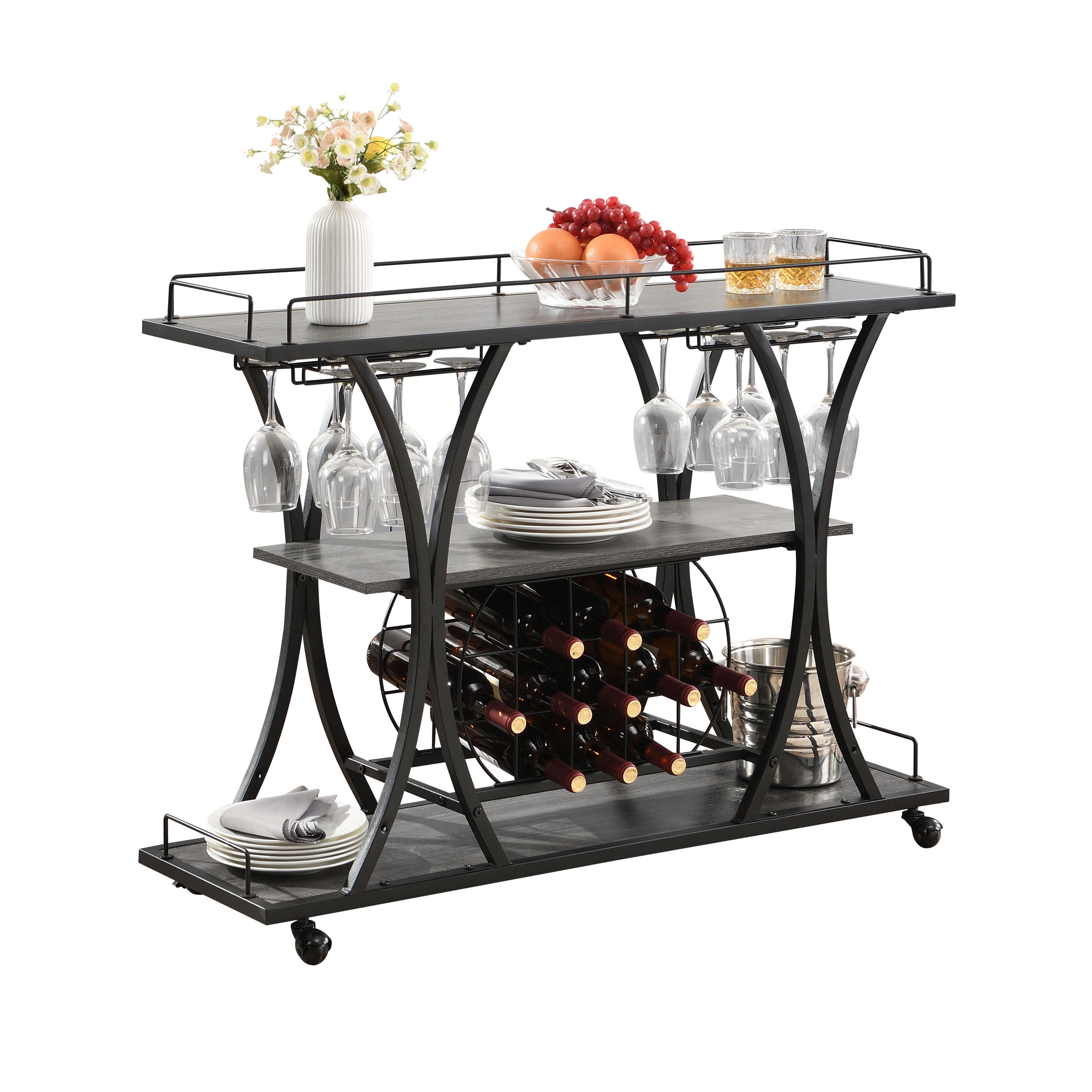 Industrial Bar Cart Kitchen Bar & Serving Cart For Home With Wheels 3 Tier Storage Shelves - Black / Gray