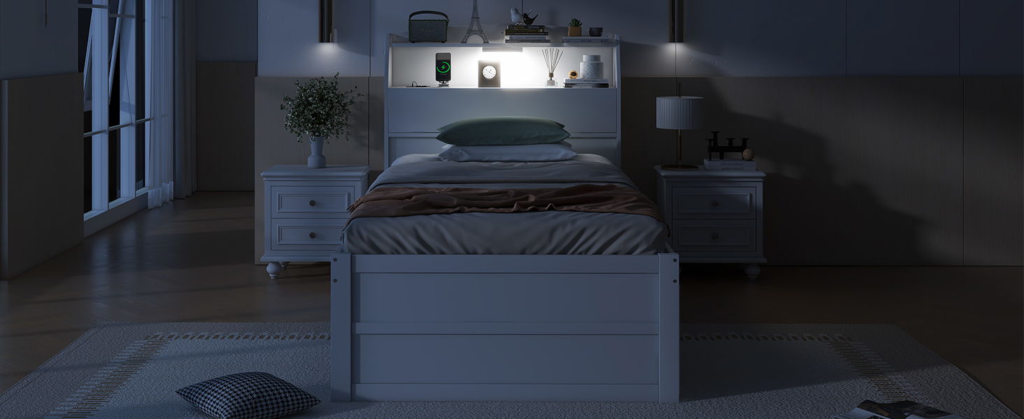 Wooden LED Platform Bed With Trundle, With Storage Headboard, With Drawers