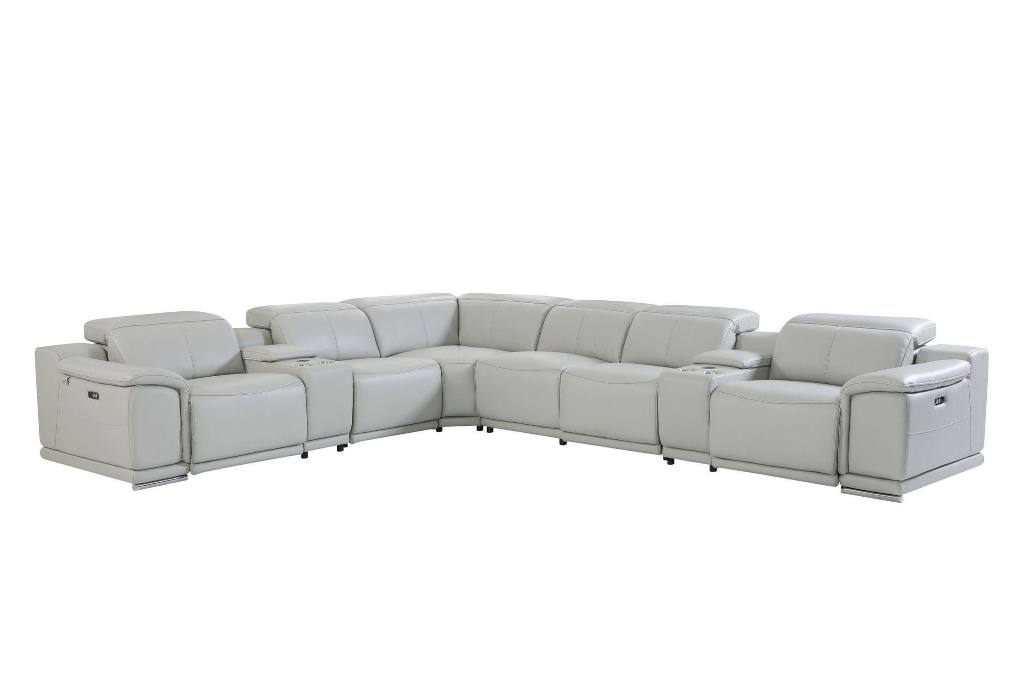 Italian Leather Power Reclining, U Shaped Eight Piece Corner Sectional With Console - Light Gray