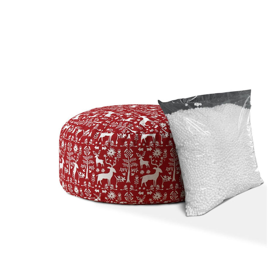 Cotton Round Stag Pouf Cover - Red / White