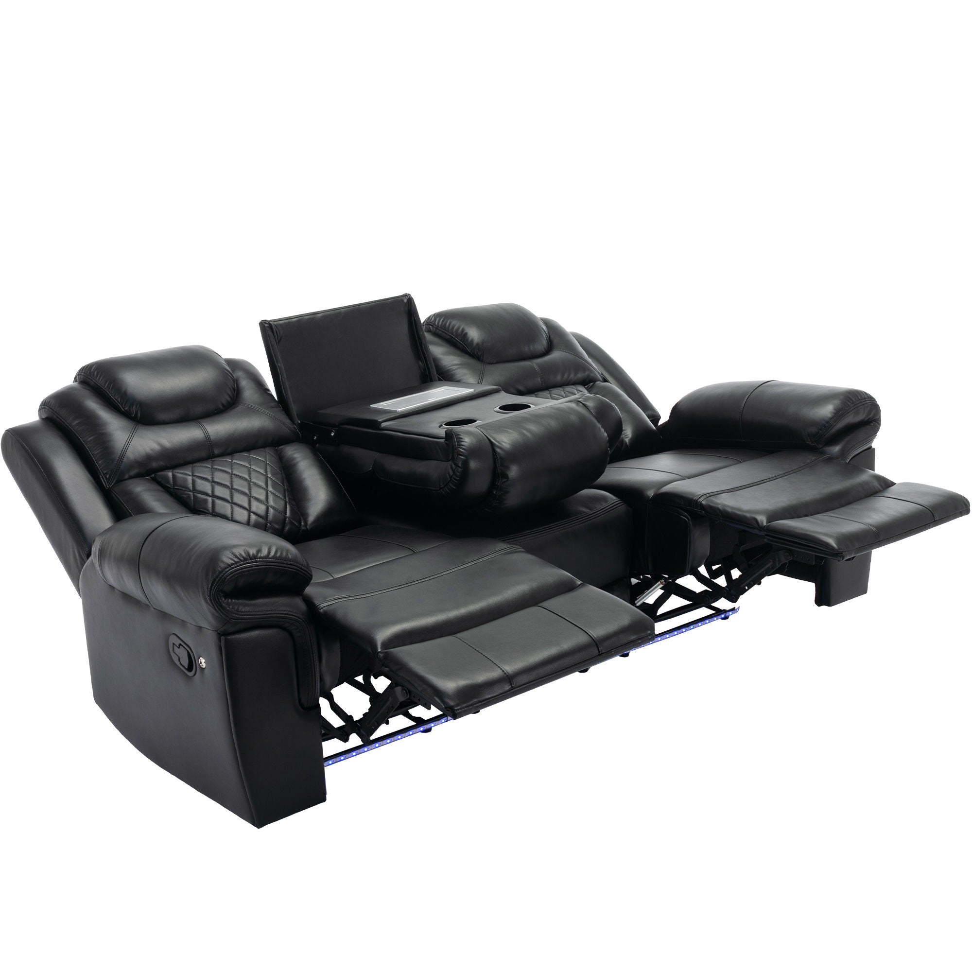 Home Theater Seating Manual Recliner Chair With Center Console And Led Light Strip For Living Room