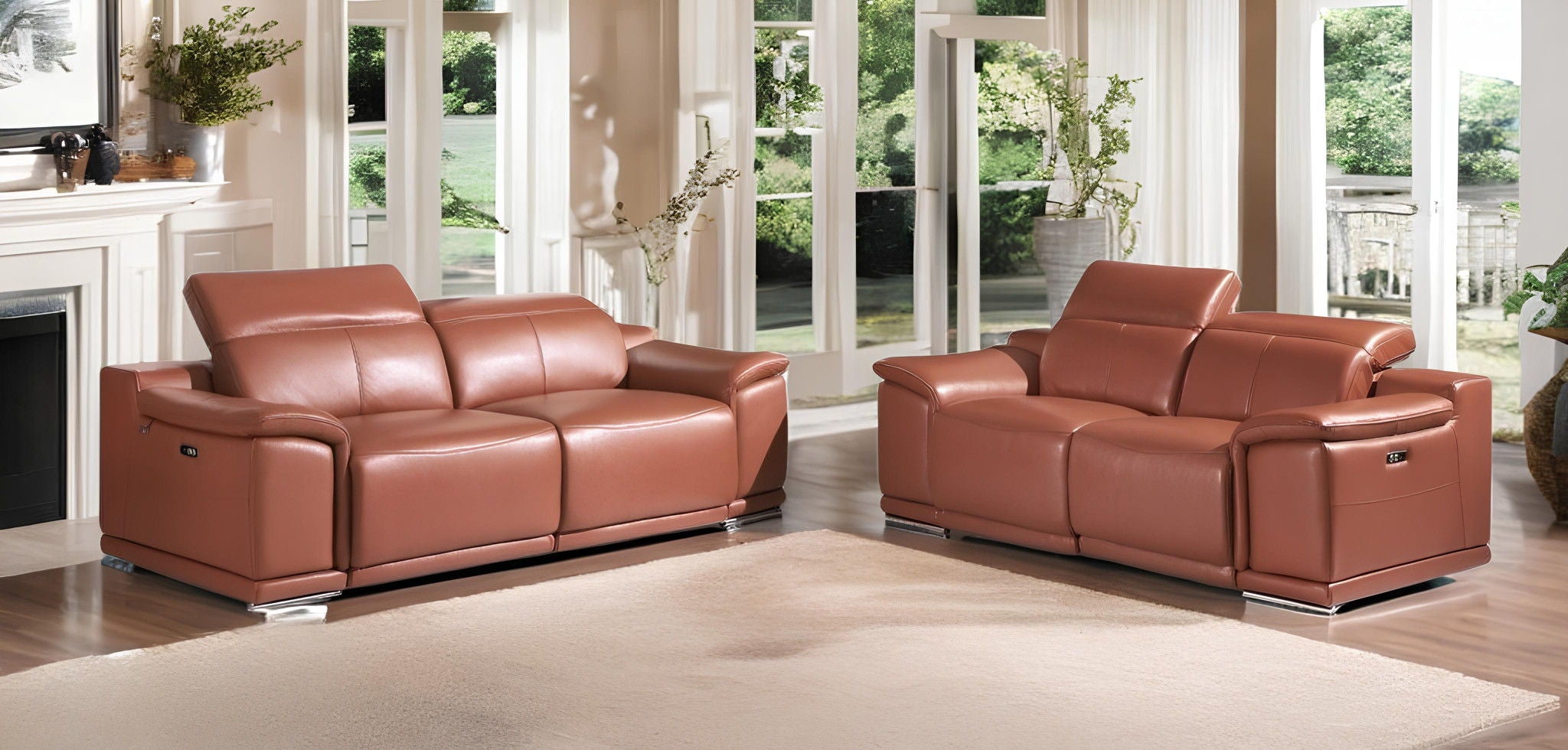 2 Piece Five Person Indoor Italian Leather Seating Set - Camel