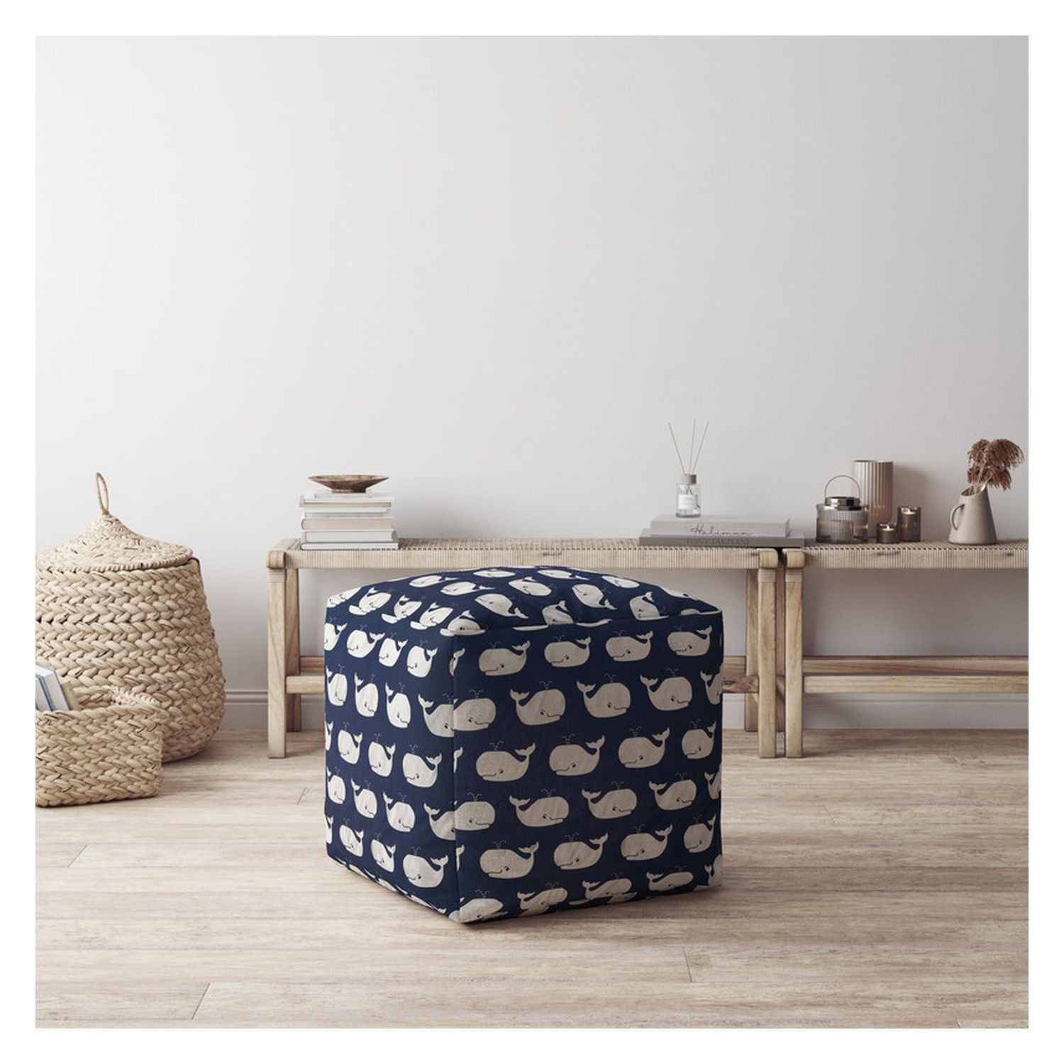 Twill Animal Print Pouf Ottoman - Blue / White