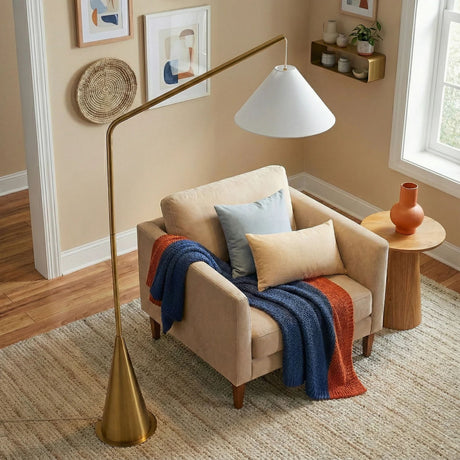 Lisbon - Floor Lamp With On / Off Switch Coned Base Hanging Shade - Antique Brass / White - view 2