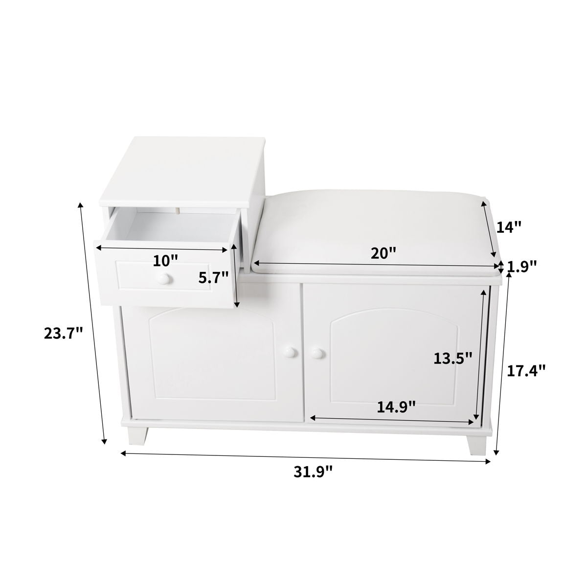 Shoe Storage Bench Cabinet With Fireproof PU Cushion, Double Doors And Movable Drawer For Door Entrance - White