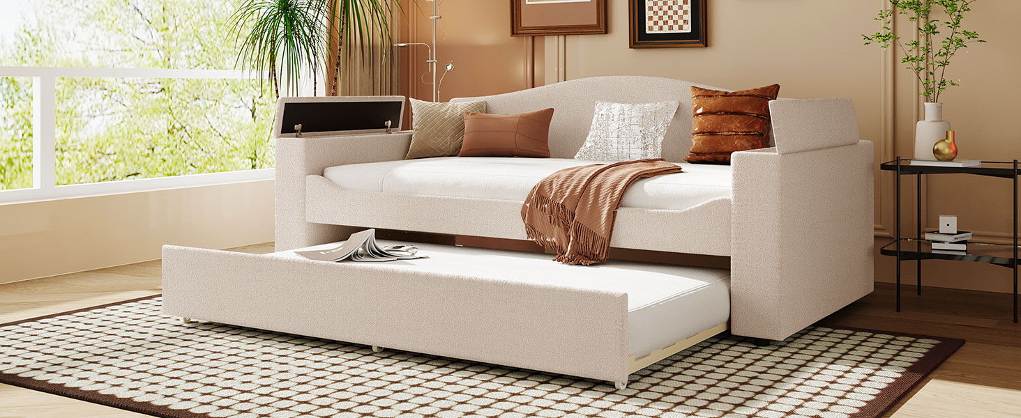 Twin Size Upholstered Daybed With Storage Armrests, Trundle And Latest Integrated Bluetooth Audio System, Teddy Fleece