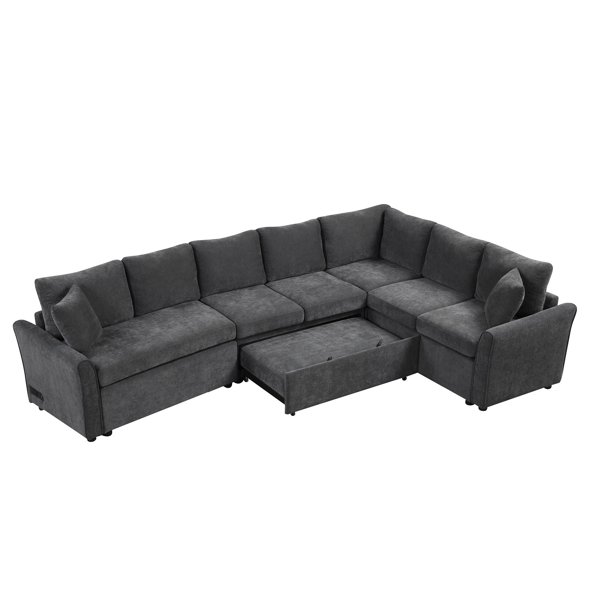 L-Shaped Sofa Convertible Sofa Bed Pull Out Sofa Sleeper With Two Back Pillows, Two USB Ports And Two Power Sockets For Living Room