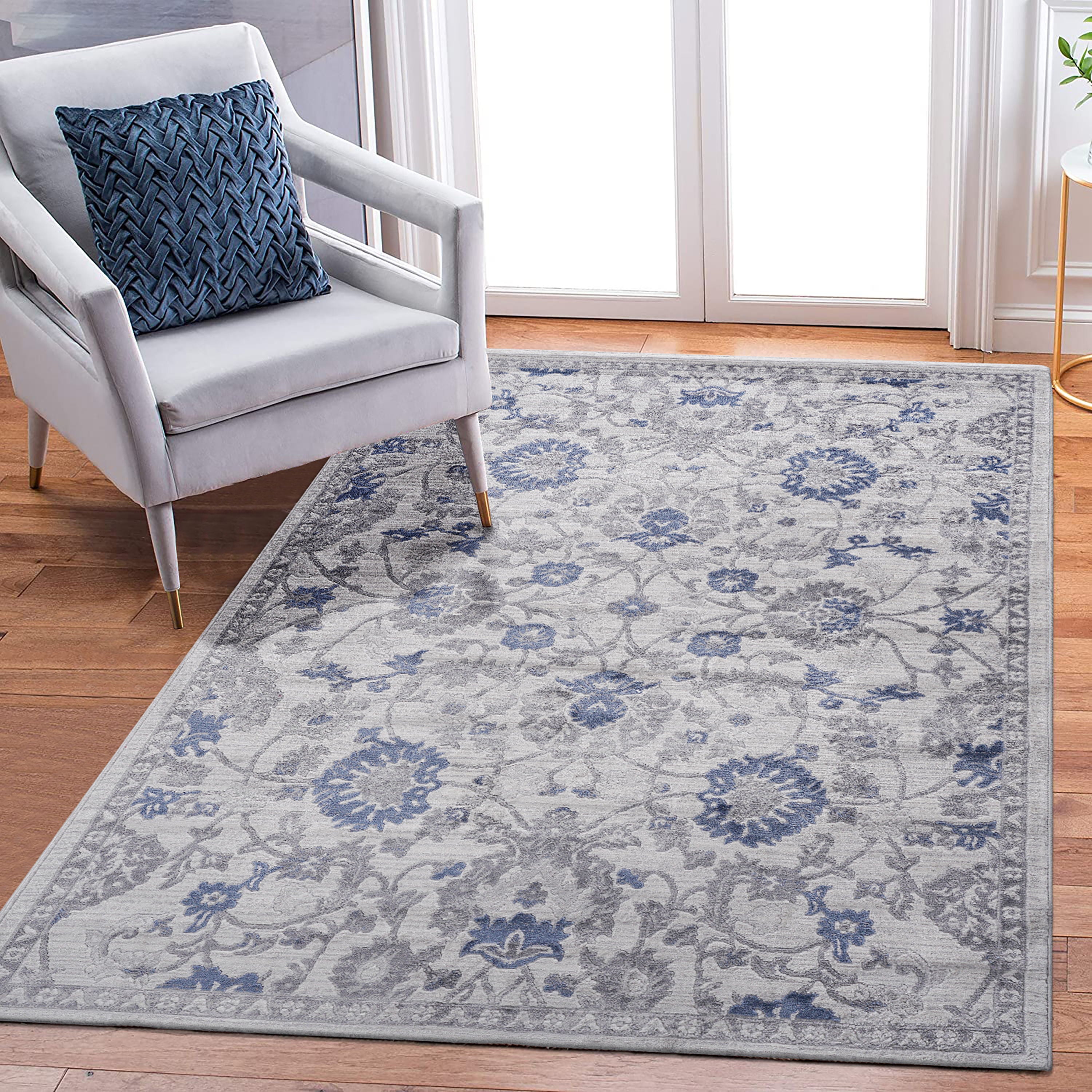 Oriental Non-Shedding Living Room Bedroom Dining Home Office Stylish And Stain Resistant Area Rug - Blue / Silver