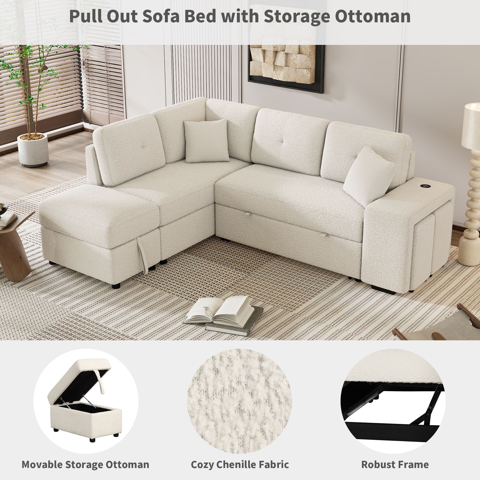 Convertible Sleeper, Sectional Pull Out Sofa Bed With Storage Ottoman, 2 Throw Pillows, 2 Stools, Wireless Charger And Two Hidden USB Ports For Living Room