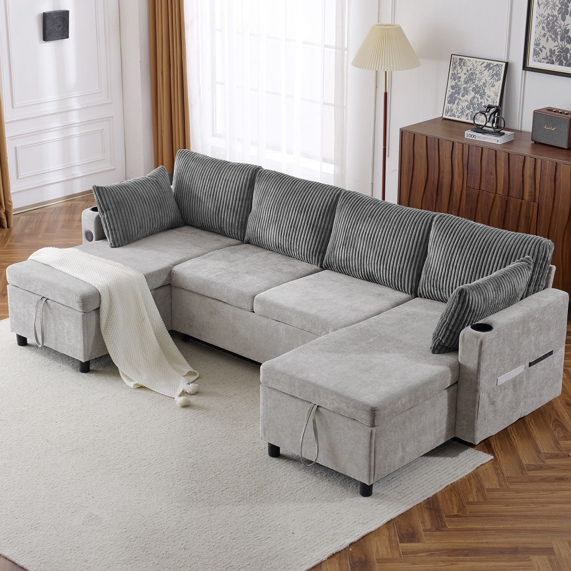 Sectional Sofa Pull Out Sofa Bed Versatile Sofa Sleeper With Large Storage Space, Two USB Ports And Two Cup Holders For Living Room