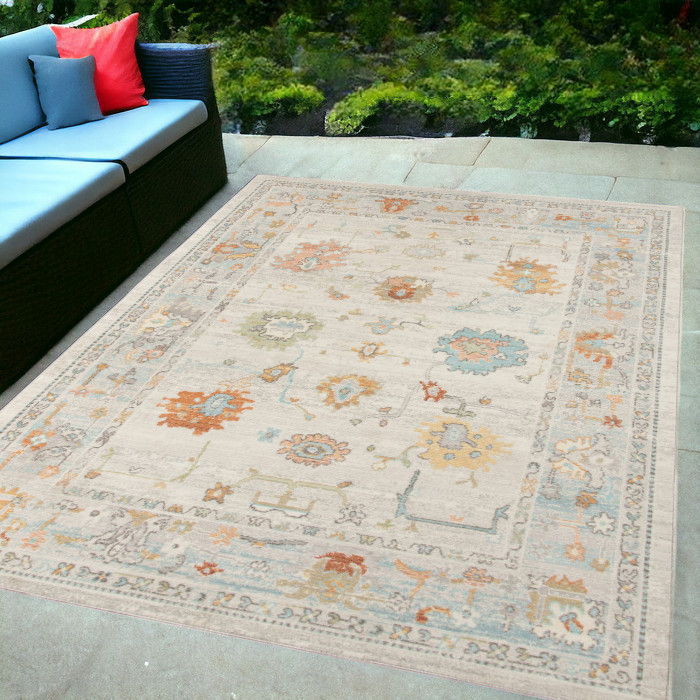 5' X 7' Floral Stain Resistant Indoor / Outdoor Area Rug - Blue / Orange