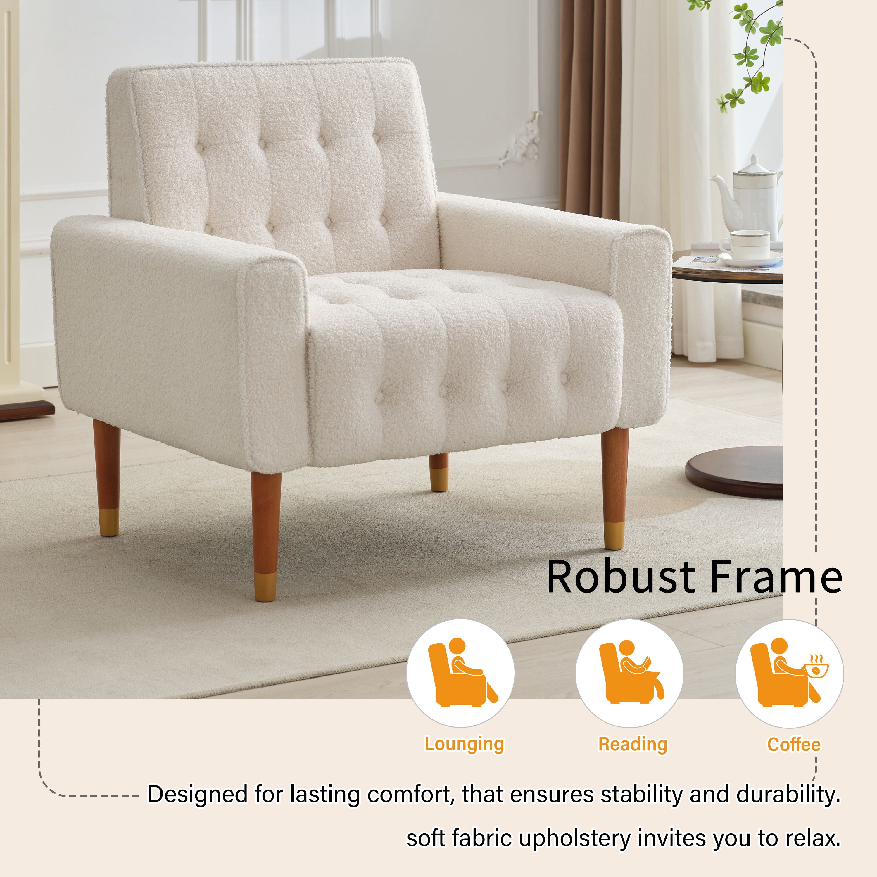 Classic Biscuit Style Accent Chair Comfortable Armrests, Soft Fabric, Elegant Solid Wood Legs With Gold Finish - Beige