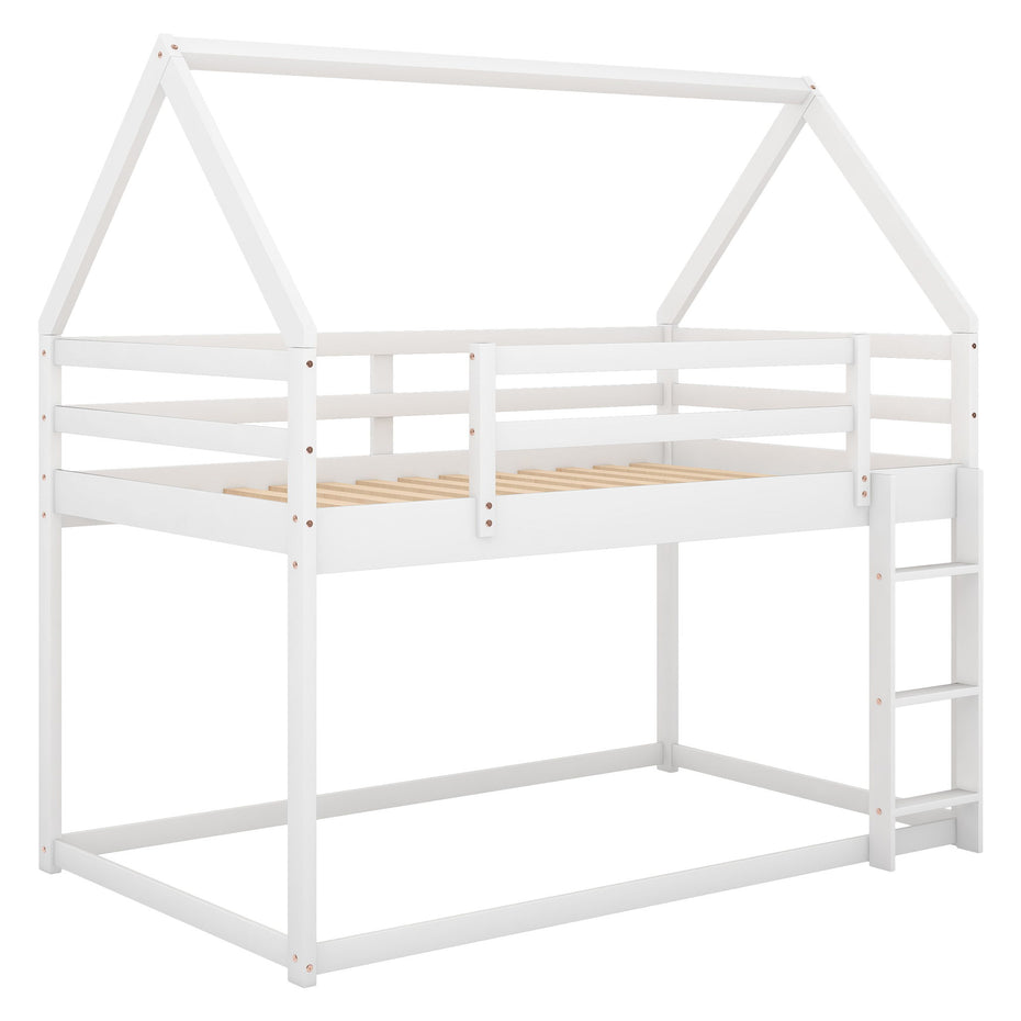 Twin Over Twin Low Bunk Bed, House Bed With Ladder - White