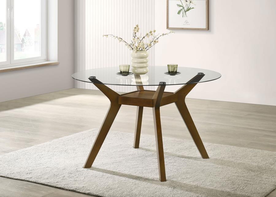 Paxton - Round Glass Top Wood Dining Table - Nutmeg