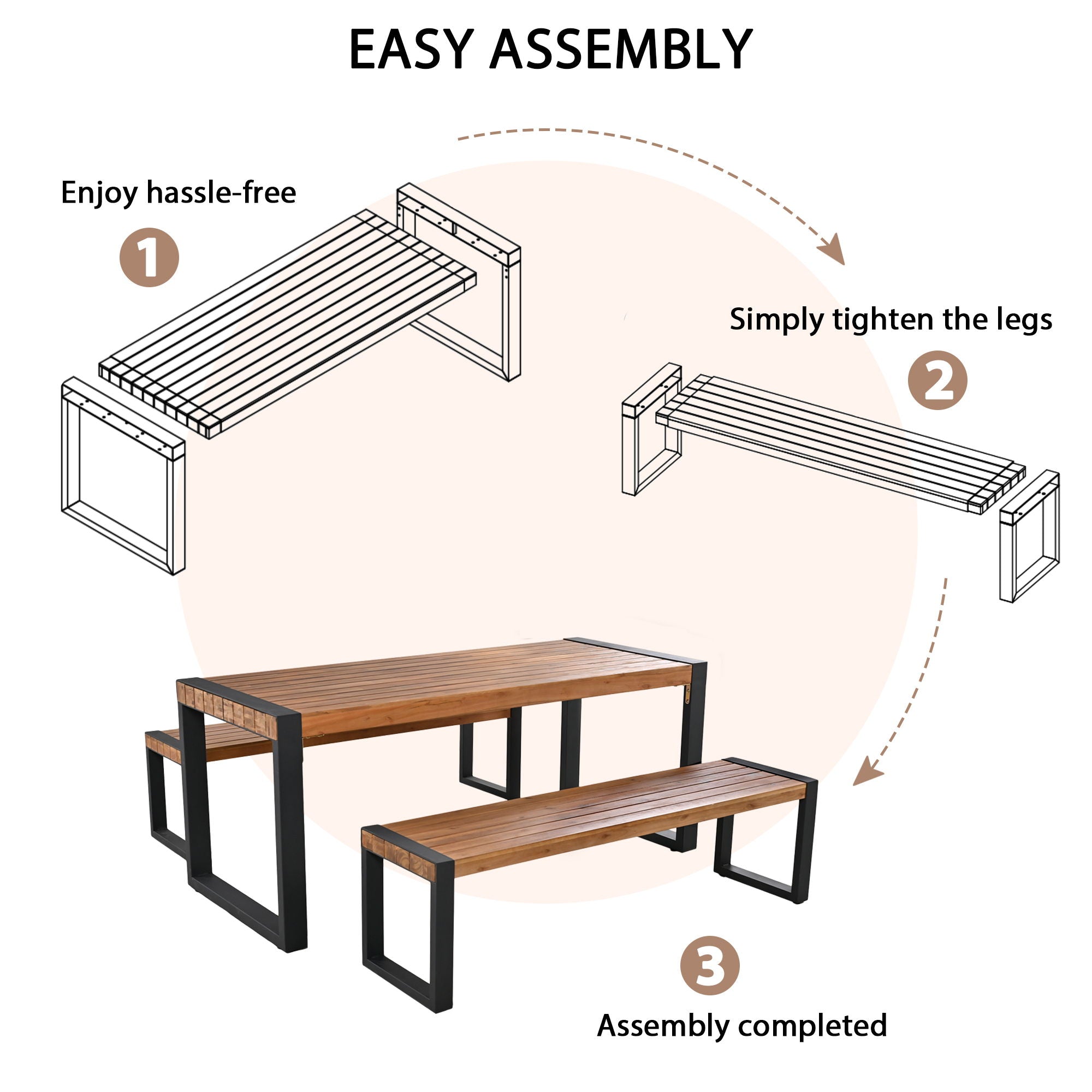 3 Pieces Outdoor Dining Table With 2 Benches, Patio Dining Set With Unique Top Texture, Acacia Wood Top & Steel Frame, All Weather Use, For Outdoor & Indoor - Natural