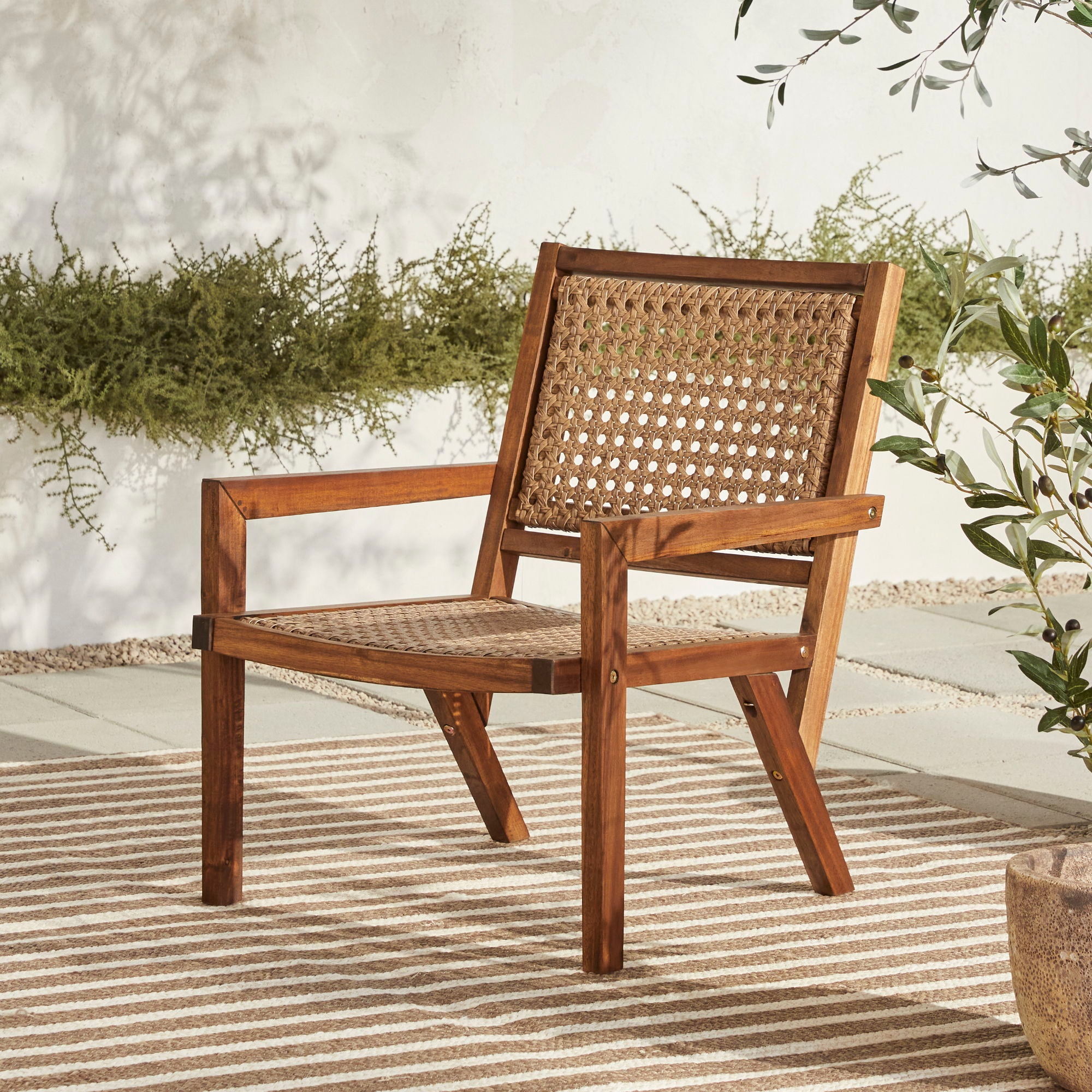 Coastal Solid Wood And Rattan Outdoor Accent Chair - Dark Brown