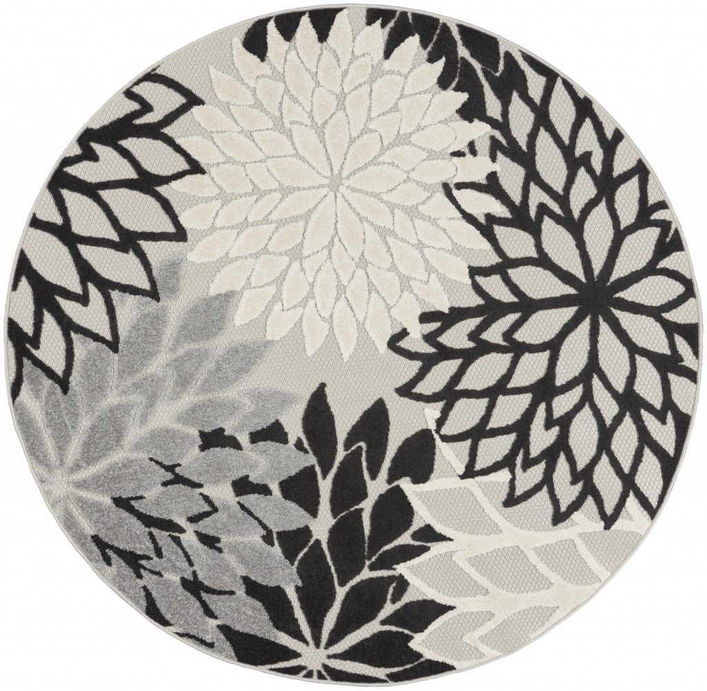 4' Round Round Floral Indoor / Outdoor Area Rug - Black / White