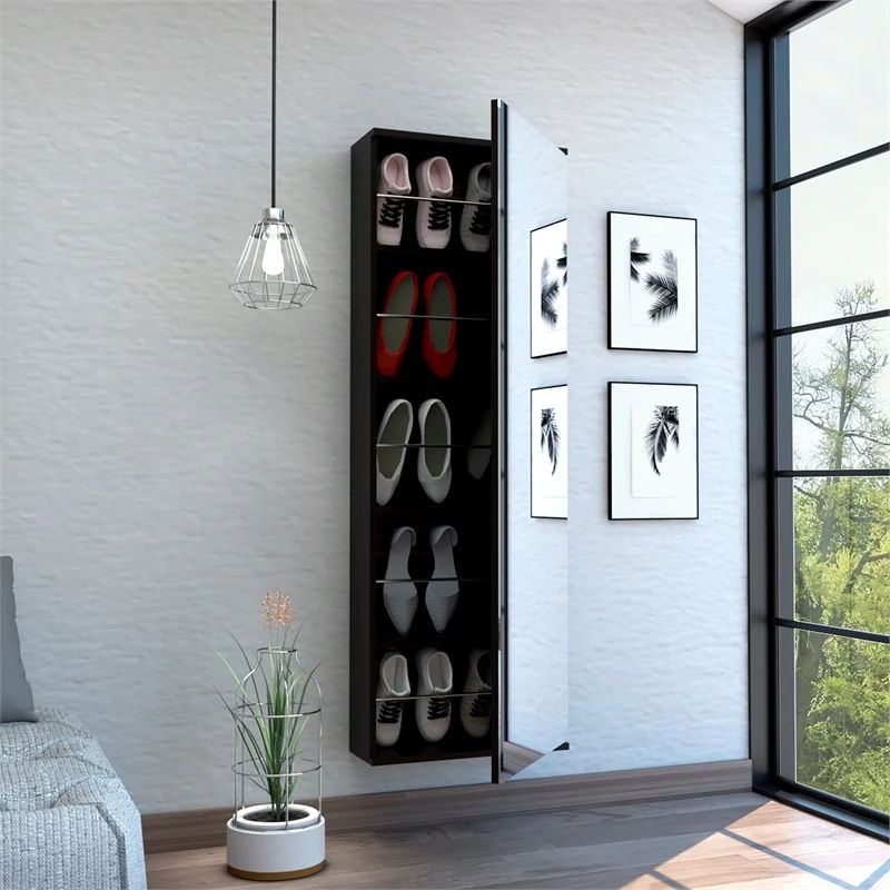 Stylish Wengue Wall Mounted Shoe Rack With Mirror - Black